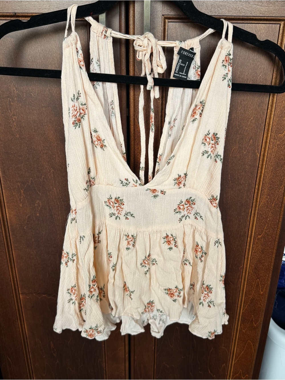 Forever 21 Boho Floral Plunge Halter Peplum Top Shabby Chic Prairie Smock S
